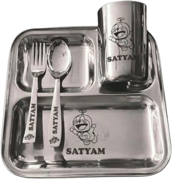 Personalized Stainless Steel Thali Set, 4-Piece, Custom Name & Cartoon Laser Engraved, Mirror Polished, Silver, with Partition Plate, Glass, Spoon & Fork birthday gift / gift for kids